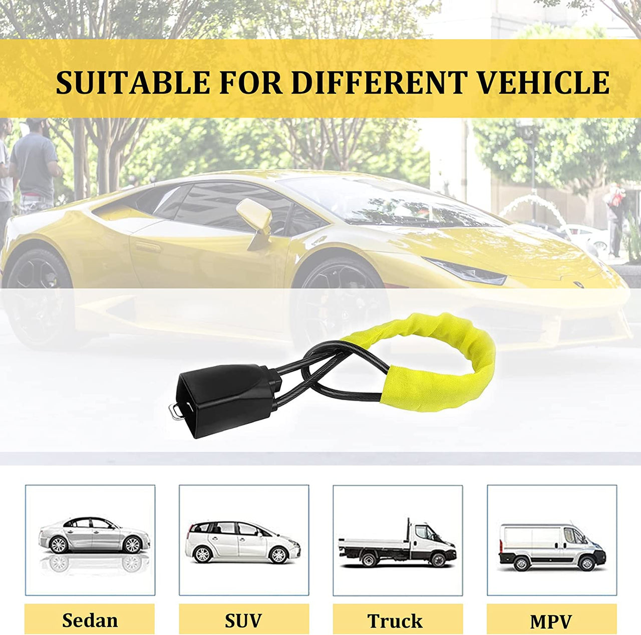 Car Steering Wheel Lock Seat Belt Lock with 4pcs GPS Tracking Sticker, Sturdy Car Security Anti Theft Car Device, Steering Wheel Lock Anti-Theft Device + 2 Keys Universal Fit Truck/SUV/Van