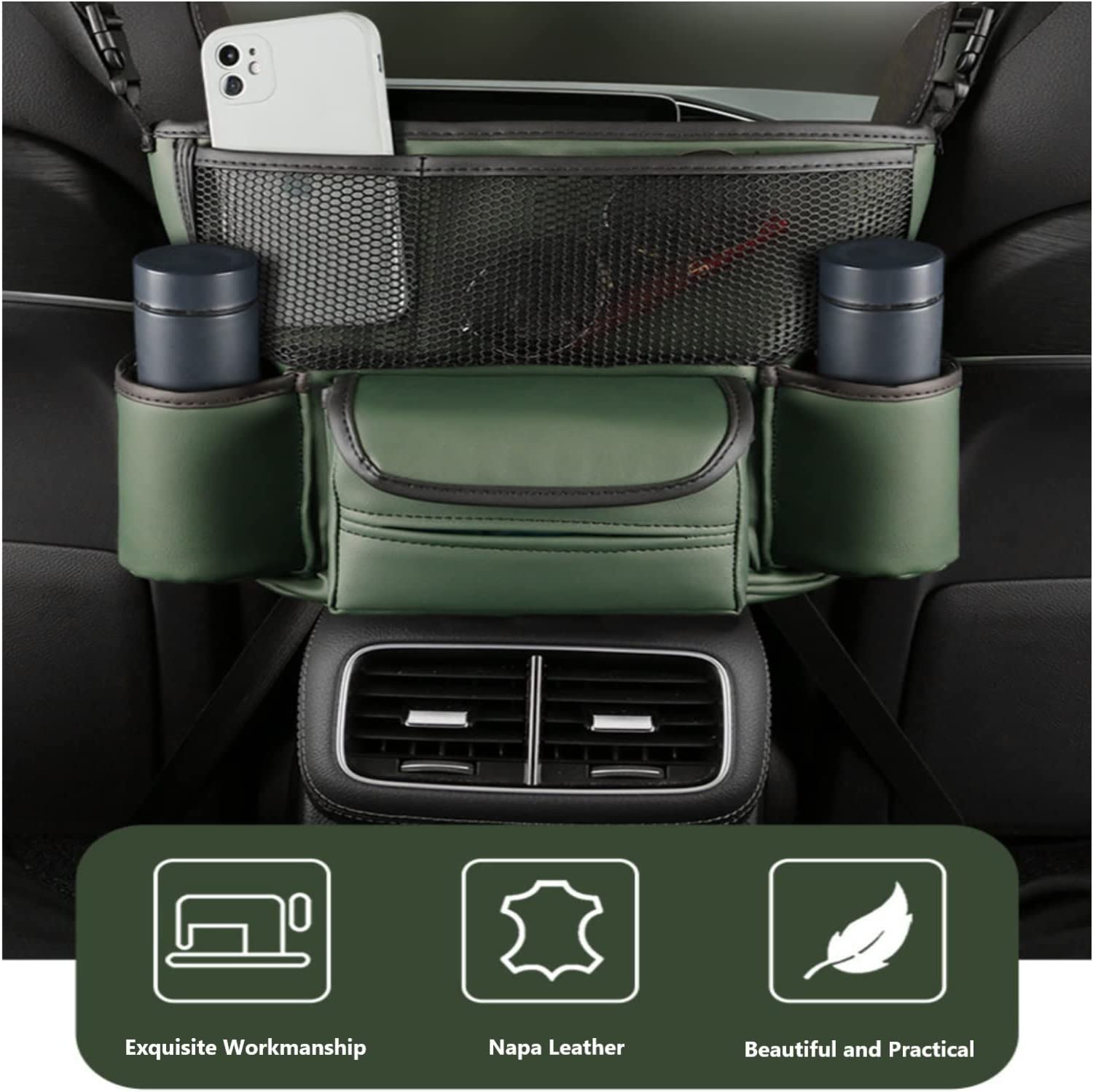 Car Net Pocket Handbag and Purse Holder Between Seats, Large Capacity Multi-Function Automotive Interior Organizers and Storage Bag in Center Console Armrest Box, Universal Fit for All Cars, Car Accessories