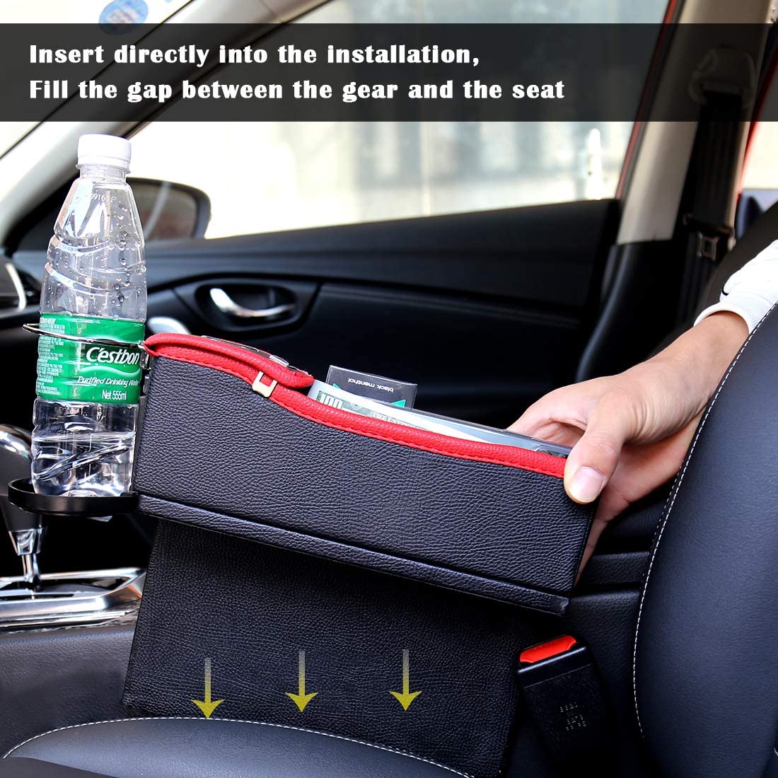 Universal Car Seat Gap Filler, Compatible with All Cars, Premium PU Leather Side Pocket Organizer, Seat Crevice Storage Box with Cup Holder for Smartphone Coin Wallet Key, Car Interior Accessories 2PCS