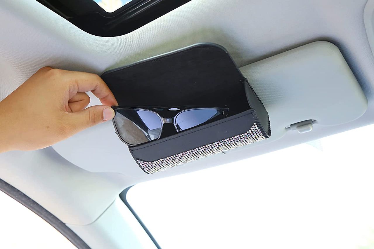 Bling Sunglasses Box for Car Sun Visor, Sparkling Glasses Holder Magnetic Clip Case Eyeglasses Protective Organizer, PU Leather Car Sunglass Storage for Truck, SUV, RV