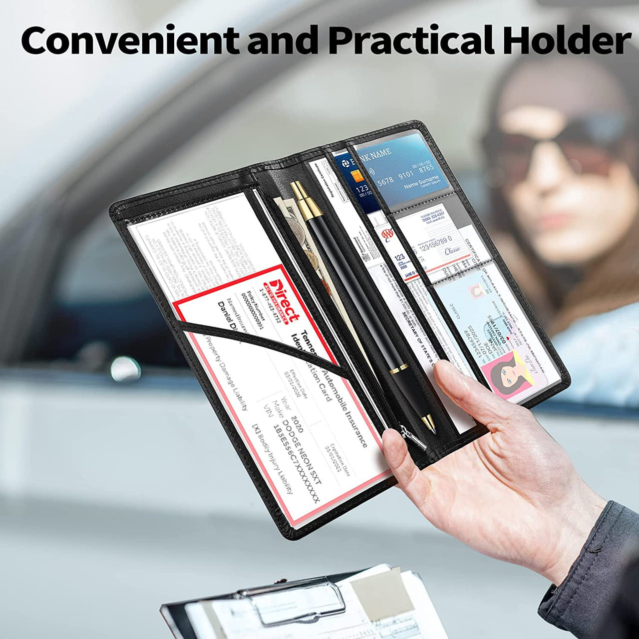 Car Registration and Insurance Holder with Inner Expandable Zipper Pouch, PU Car Document Holder, Elastic Closure Glove Box Document Holder for License, Car card and Essential Auto Documents, Compatible with All Cars