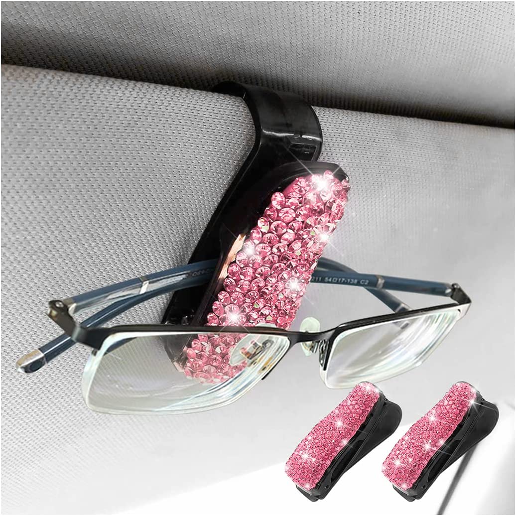 Bling Car Glasses Holder, 2PCS Handcrafted Crystal Rhinestones Fashion Car Sunglasses Mount with Card Clip for All Sun Visors, Auto Interior Accessories for Women Girl, Universal Fit for All Cars, Car Accessories