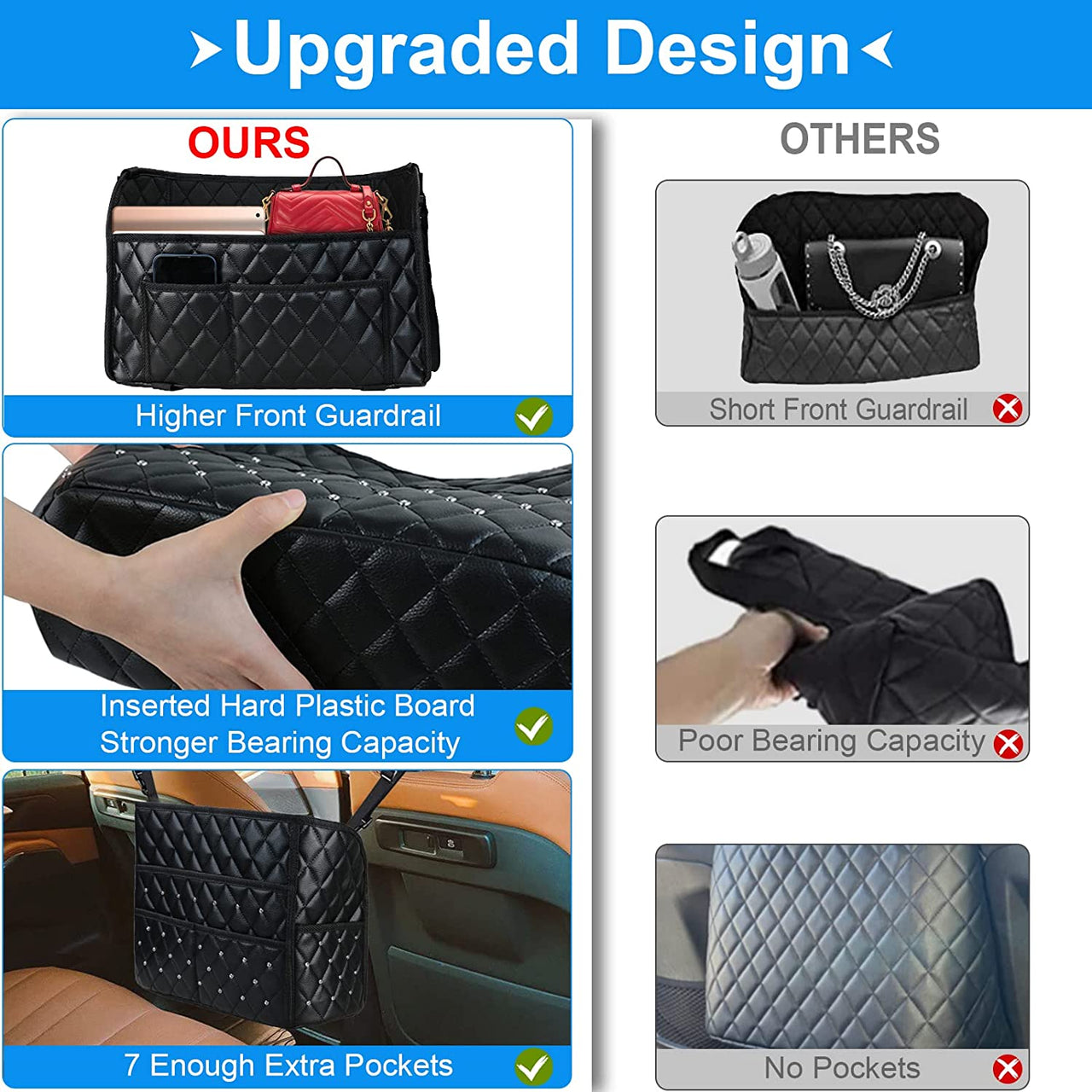 Purse Holder for Cars,Car Purse Handbag Holder Between Seat,PU Leather Car Purse Holder with 7 Extra Pocket,Large Capacity Car Net Bag Organizer Barrier of Back Seat Dog Kids Seat Storage With Diamond, Compatible with All Cars