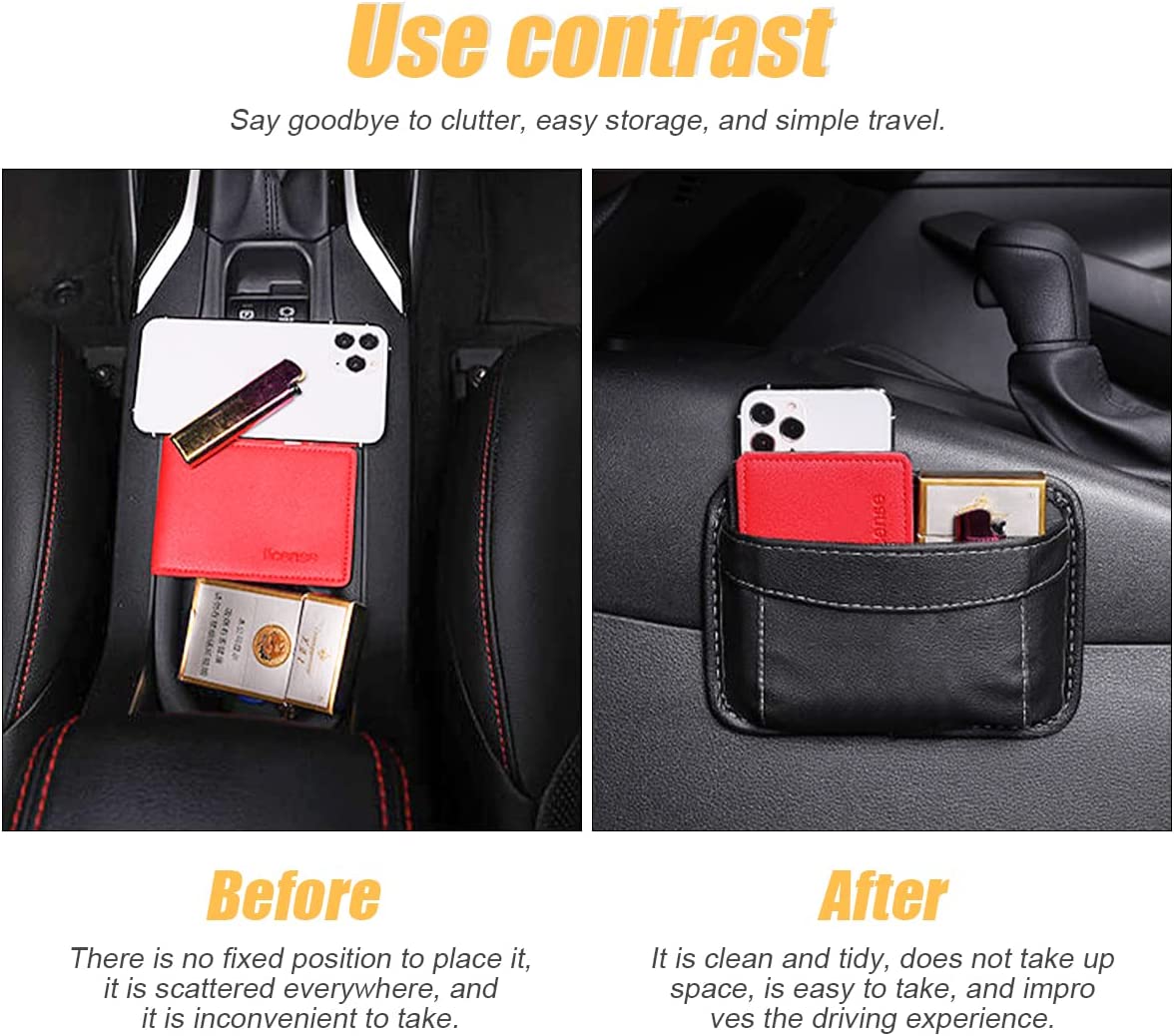 Car Seat Side Pocket Organizer, Compatible with All Cars, PU Leather Mini Storage Bag for Auto Door Window Console, Pen Phone Holder Tray Pouch Vehicle Seat Gap Filler, Fits to Organize Document, Registration, Notepad