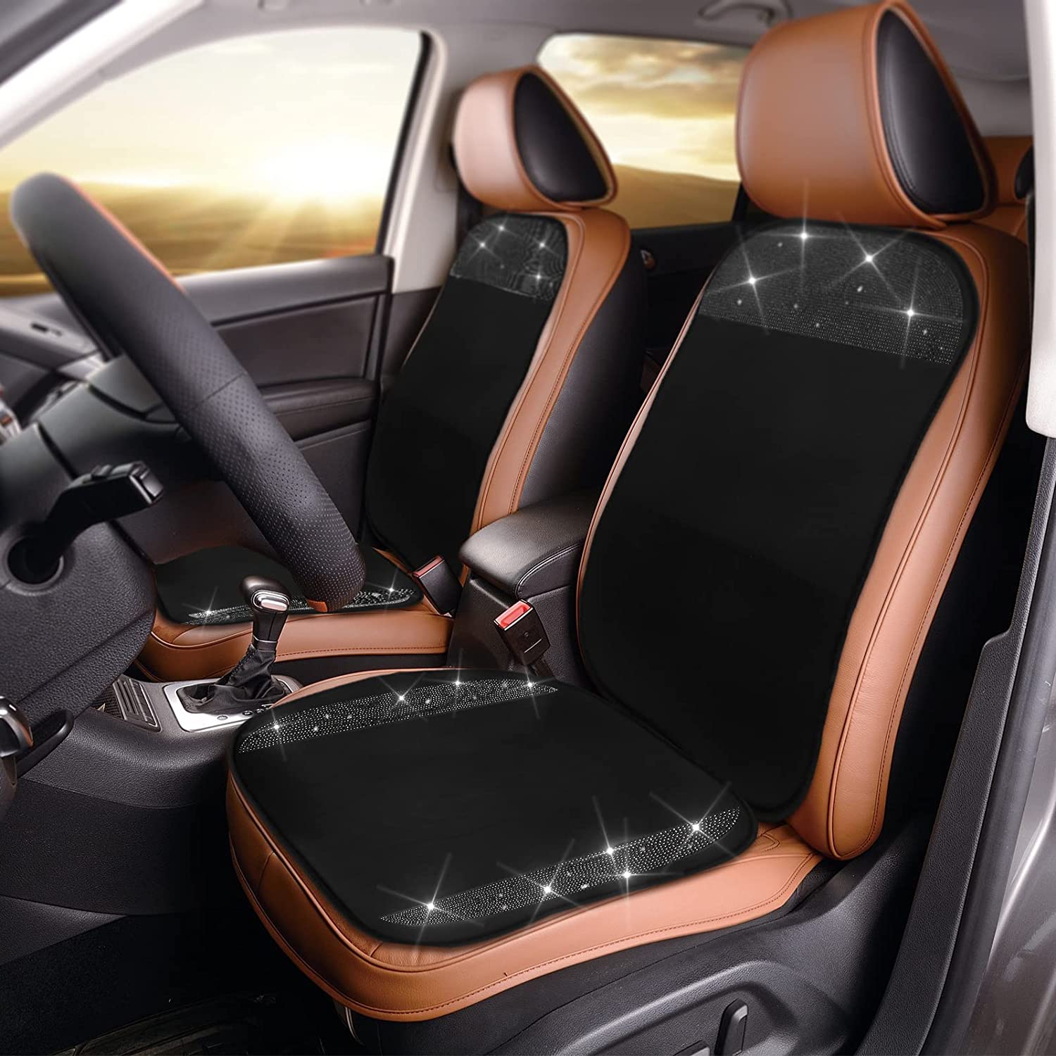 2 Pair Bling Car Seat Covers for Women Girls Rubber Black Front Seat Cover with Crystal Diamond Rhinestone Breathable Car Seat Protectors Fit Most Cars