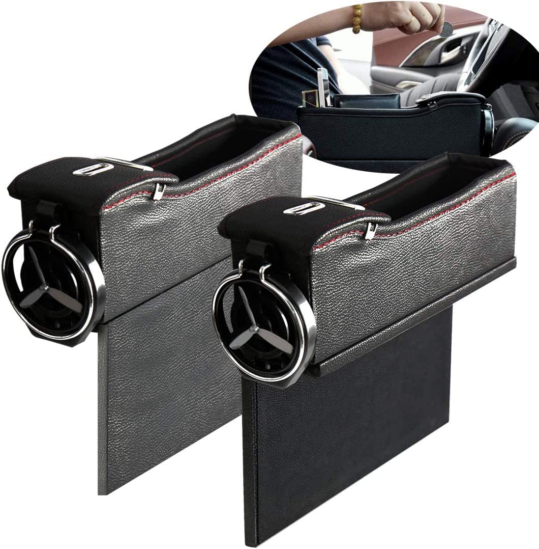 Universal Car Seat Gap Filler, Compatible with All Cars, Premium PU Leather Side Pocket Organizer, Seat Crevice Storage Box with Cup Holder for Smartphone Coin Wallet Key, Car Interior Accessories 2PCS