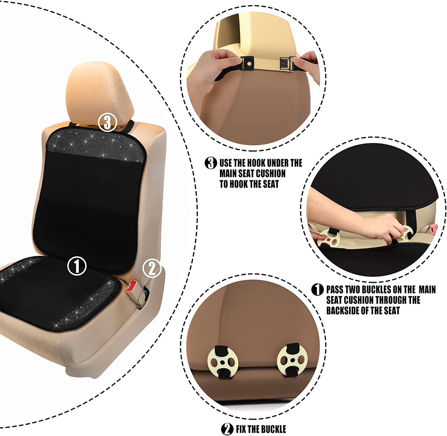 2 Pair Bling Car Seat Covers for Women Girls Rubber Black Front Seat Cover with Crystal Diamond Rhinestone Breathable Car Seat Protectors Fit Most Cars