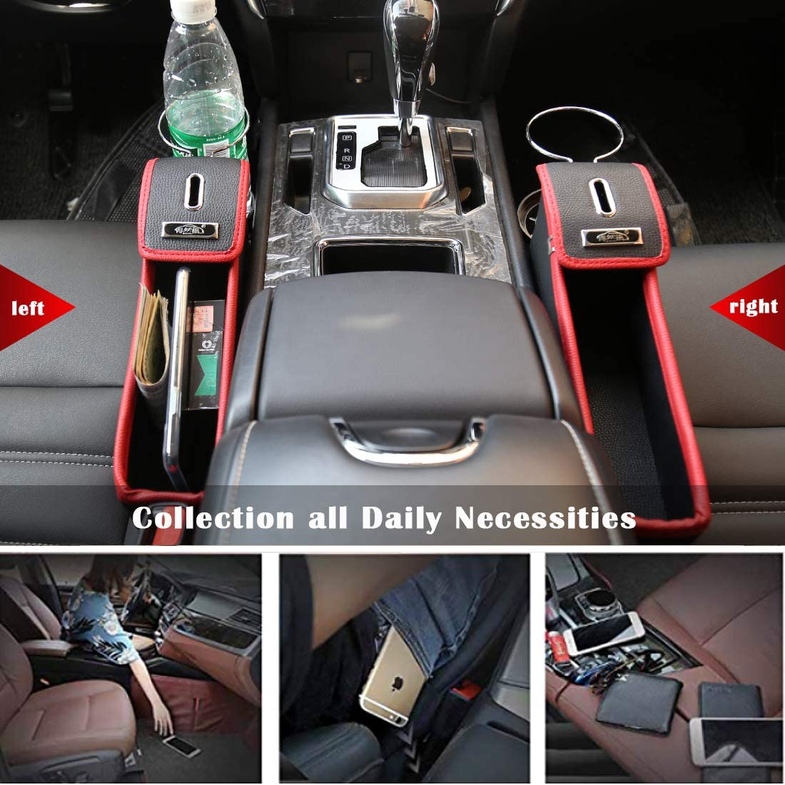 Universal Car Seat Gap Filler, Compatible with All Cars, Premium PU Leather Side Pocket Organizer, Seat Crevice Storage Box with Cup Holder for Smartphone Coin Wallet Key, Car Interior Accessories 2PCS