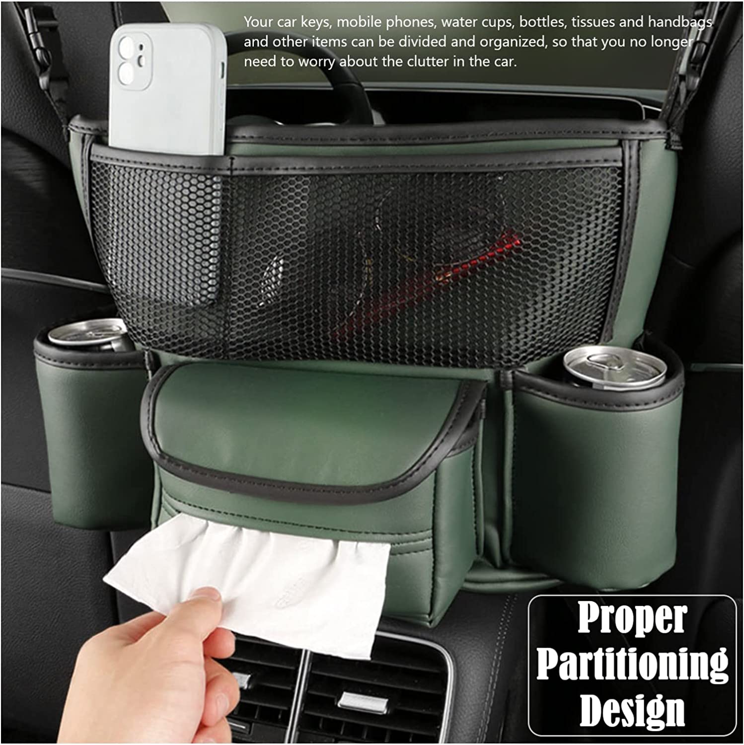 Car Net Pocket Handbag and Purse Holder Between Seats, Large Capacity Multi-Function Automotive Interior Organizers and Storage Bag in Center Console Armrest Box, Universal Fit for All Cars, Car Accessories