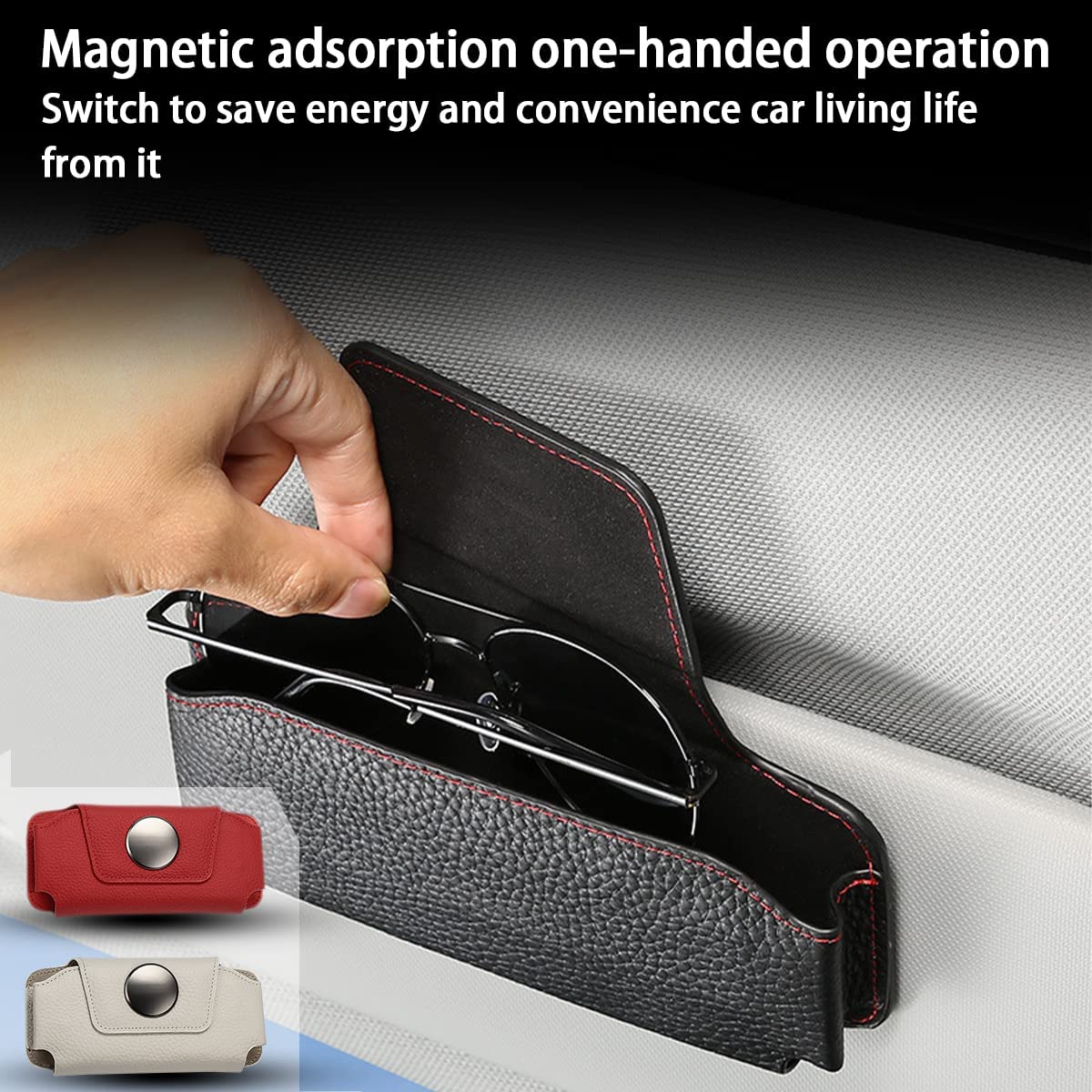 Sunglasses Holders for Car Sun Visor, Magnetic Glasses Hanger Mounter, Leather Eyeglasses Holder for Women Men, Vehicle Accessories Visor Ticket Card Clip Storage Organizer Case, Compatible with All Cars