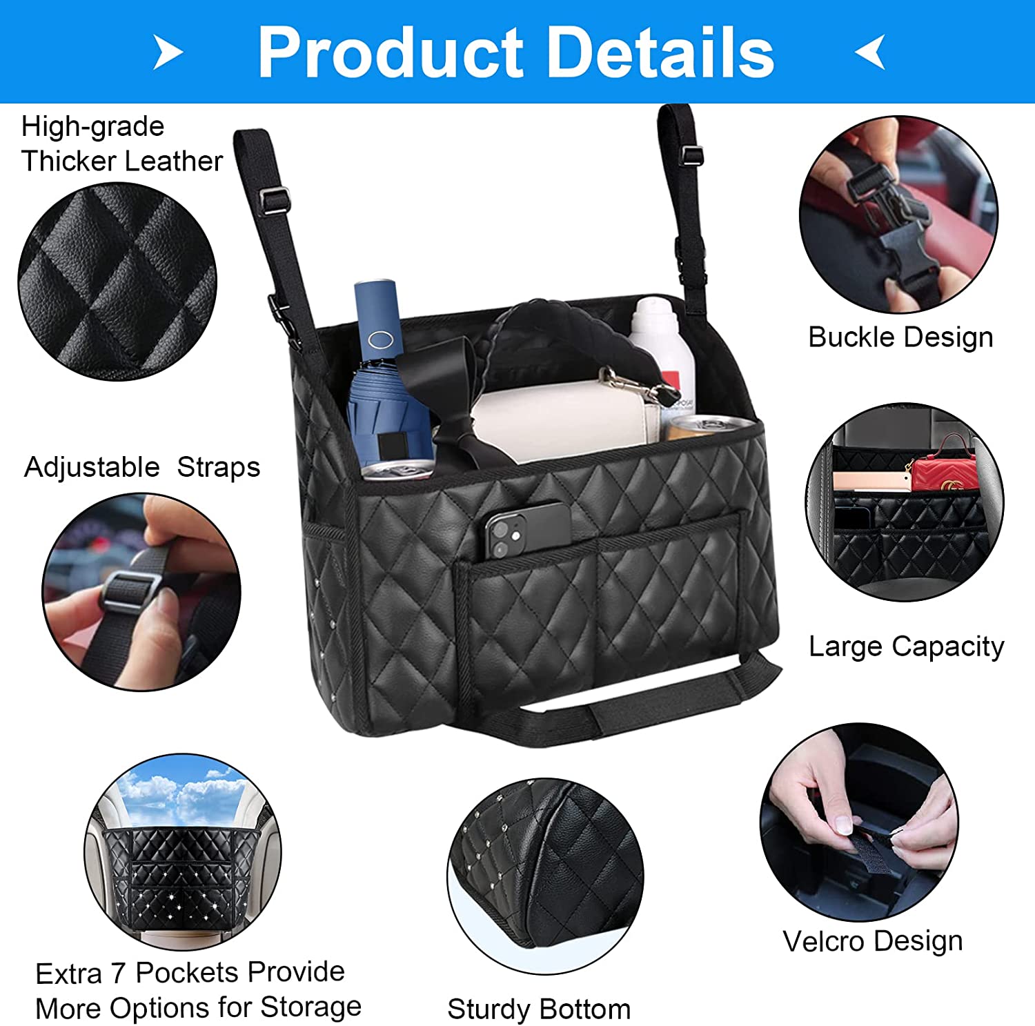 Purse Holder for Cars,Car Purse Handbag Holder Between Seat,PU Leather Car Purse Holder with 7 Extra Pocket,Large Capacity Car Net Bag Organizer Barrier of Back Seat Dog Kids Seat Storage With Diamond, Compatible with All Cars