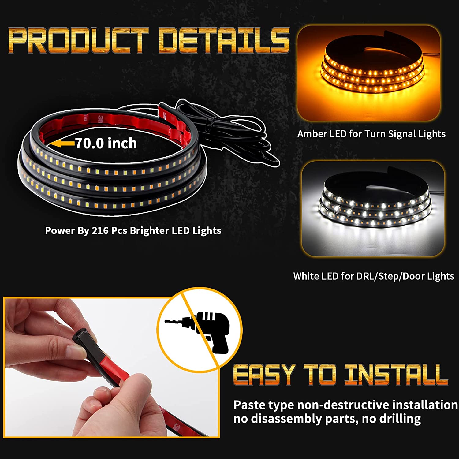 2PCs Truck LED Running Board Lights Sequential Amber Led Side Marker Light 70 Inch Emergency Extended Crew Cab 216 LEDs Waterproof Flexible Turn Signal Light Bar for Pickup Trucks Car SUV (70in)