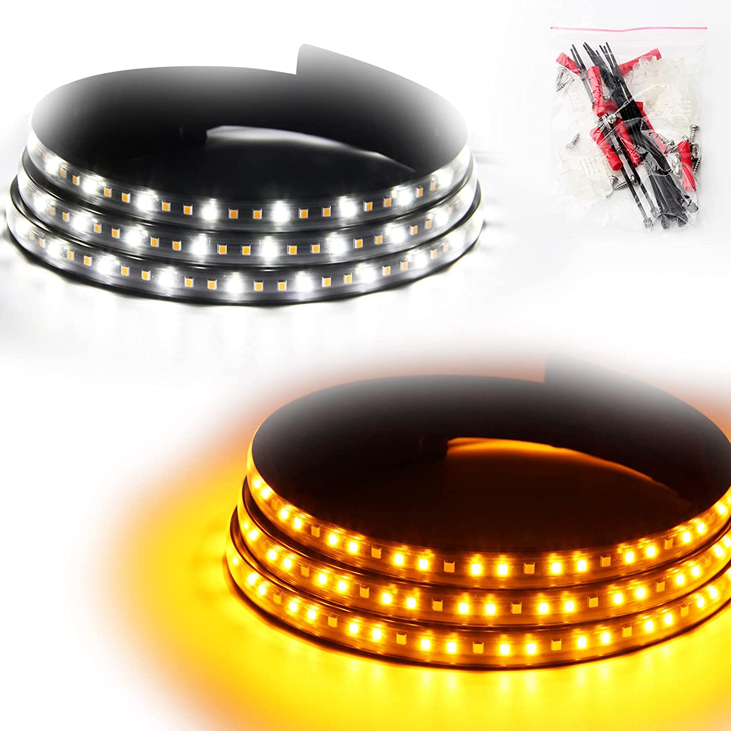 2PCs Truck LED Running Board Lights Sequential Amber Led Side Marker Light 70 Inch Emergency Extended Crew Cab 216 LEDs Waterproof Flexible Turn Signal Light Bar for Pickup Trucks Car SUV (70in)