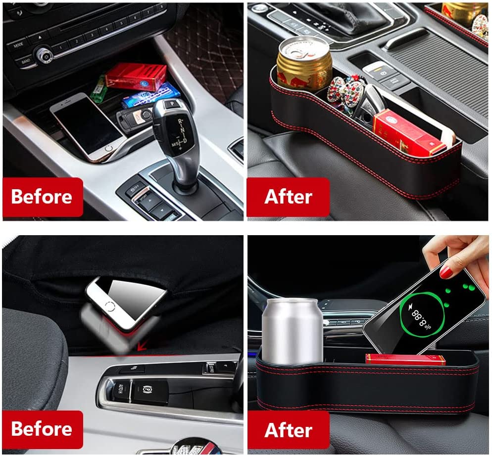 2 PCS Universal Car Seat Gap Storage Box, Compatible with All Cars, Cup Holder Mobile Phone Holder Multifunctional Auto Accessories PU Leather Seat Catcher Gap Filler Car Organizer Compartment