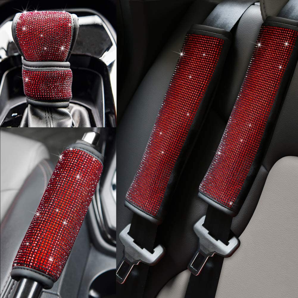 Soft Velvet Seat Belt Shoulder Pads with Bling Rhinestones Car Bling Seat Belt Covers for Women, Crystal Handbrake Cover, Bling Ring Set Bling Car Accessories 4 Pack Set Universal, Car Interior Accessories