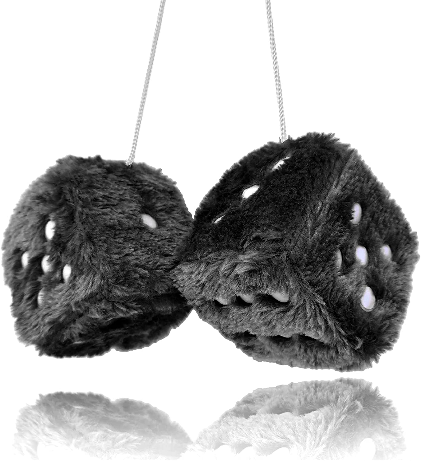 Fuzzy Plush Dice for Car Mirror, Pair of Retro 3” Dice with Black Dots for Car Interior Hanging Ornament Decoration, Car Accessories, Compatible with All Cars