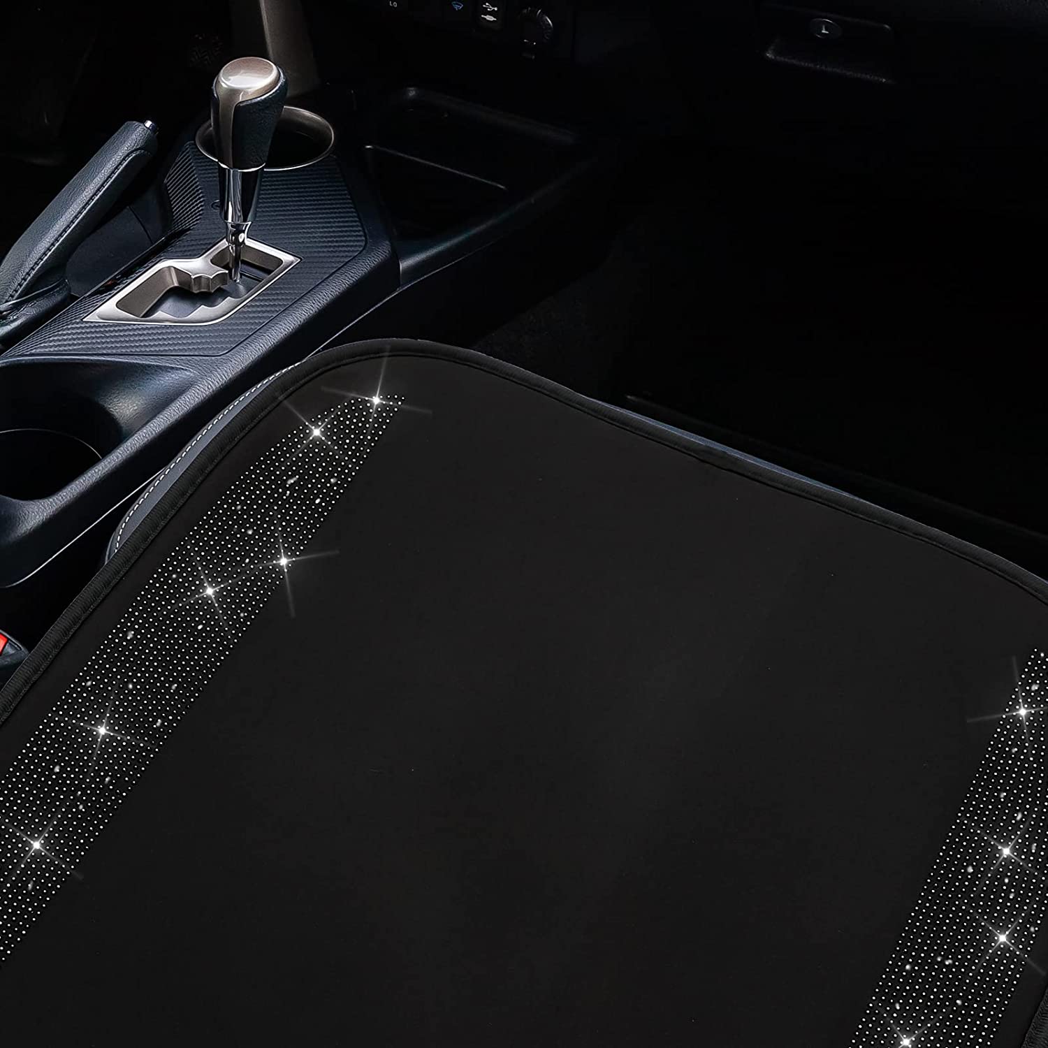 2 Pair Bling Car Seat Covers for Women Girls Rubber Black Front Seat Cover with Crystal Diamond Rhinestone Breathable Car Seat Protectors Fit Most Cars