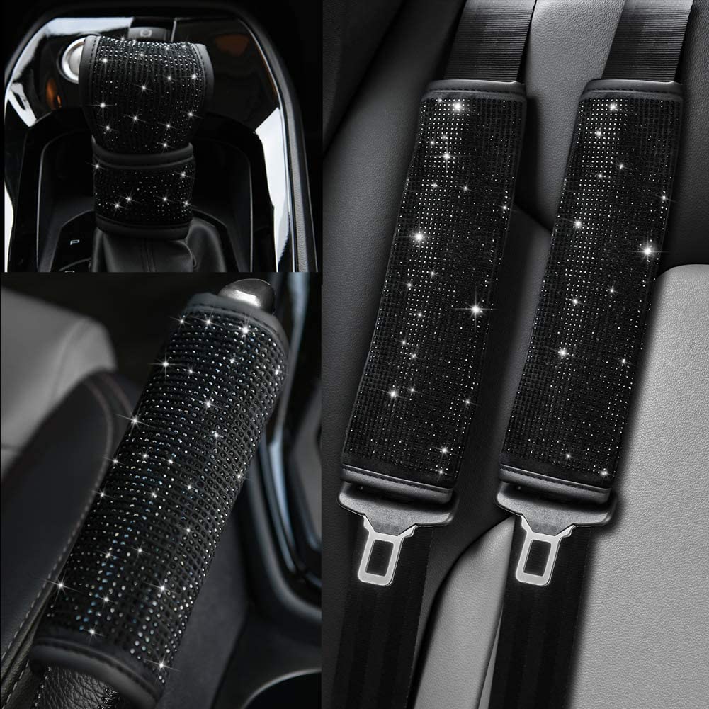 Soft Velvet Seat Belt Shoulder Pads with Bling Rhinestones Car Bling Seat Belt Covers for Women, Crystal Handbrake Cover, Bling Ring Set Bling Car Accessories 4 Pack Set Universal, Car Interior Accessories