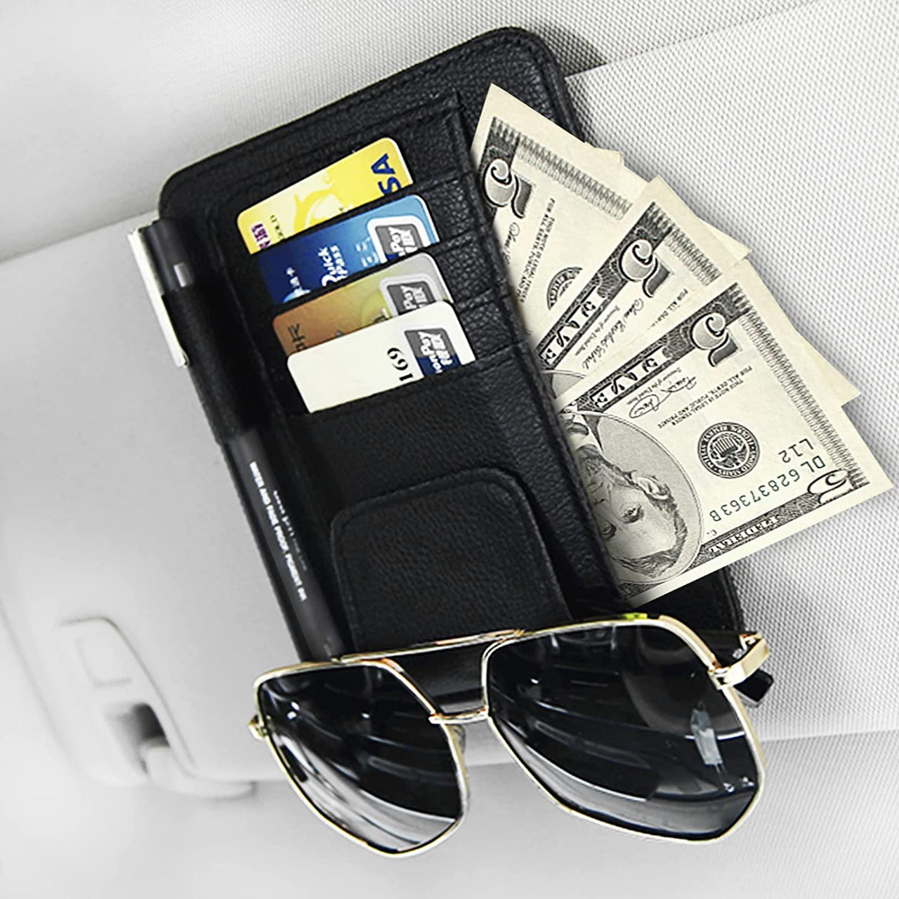 Small Car Sun Visor Organizer for Trucks Cars, Car Visor Document Holder, Sunglasses, Drving License, Insurance, Pen, Key, Phone, Universal Fit for All Cars, Car Accessories