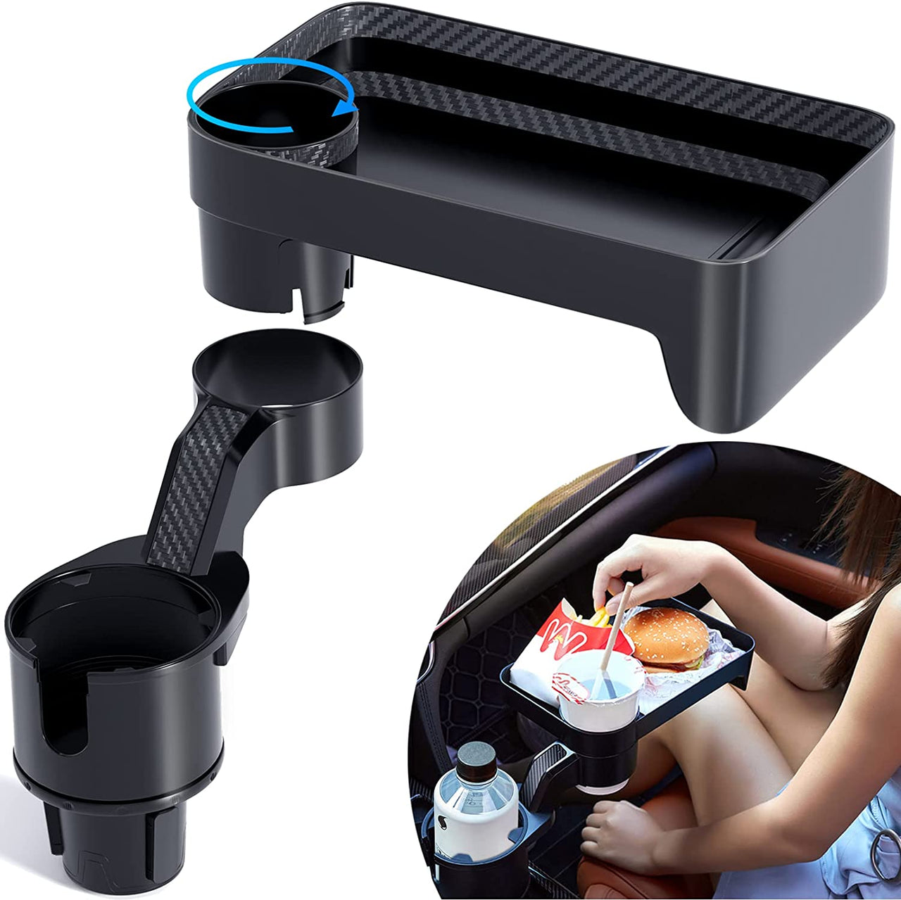 Car Cup Holder Tray,Cup Holder Tray,Car Cup Holder Tray Table,Car Cup Holder with Detachable Tray, Car Cup Holder Expander,Car Cup Holder with 360 ° Rotation,fit in 2.36-3.54 inch Car Cup Holder, Compatible with All Cars