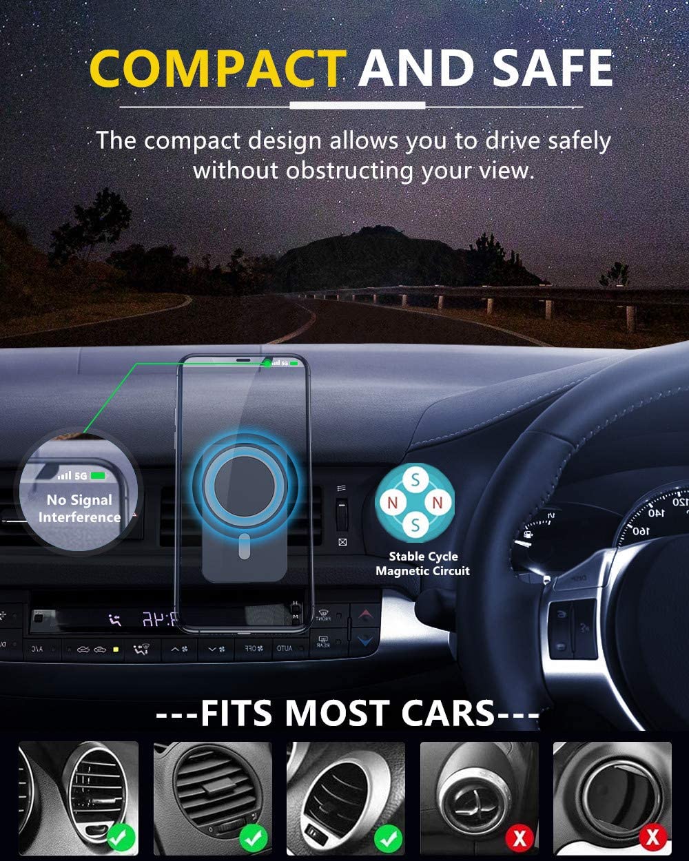 15W Magnetic Wireless Car Charger for iPhone 14/13/12/12 Pro/Pro Max/Mag-Safe Case, Qi Fast Charging Mag-Safe Car Charger Mount, Dashboard Air Vent Car Phone Holder Charger for iPhone 14/13/12 Series