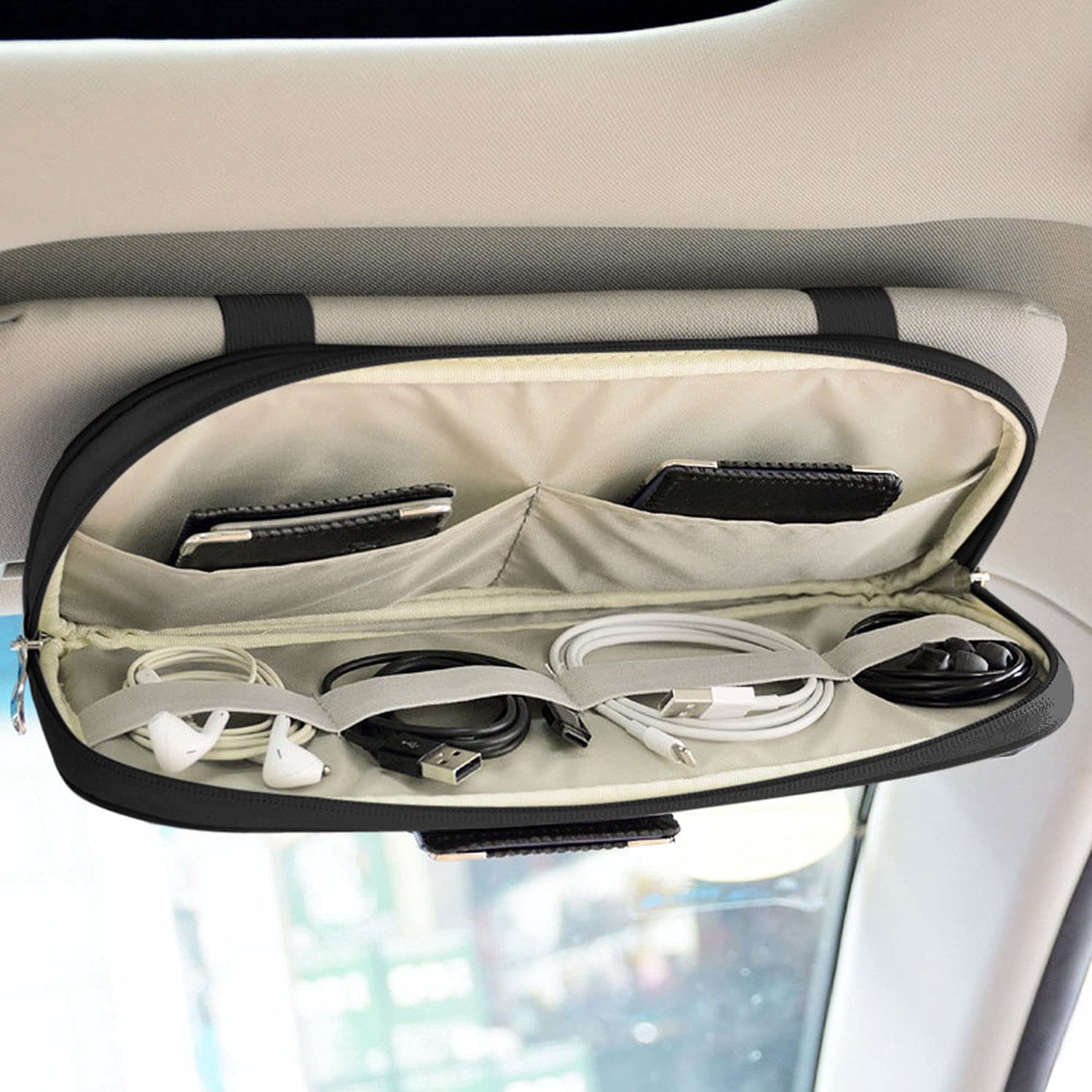 Car Sun Visor Organier Truck SUV Sun Visor Storage Pocket PU Leather Pouch Holder with Multi-Pocket Double Zipper Net Pocket, for Cards Pens Sunglasses Document Newest, Universal Fit for All Cars, Car Accessories