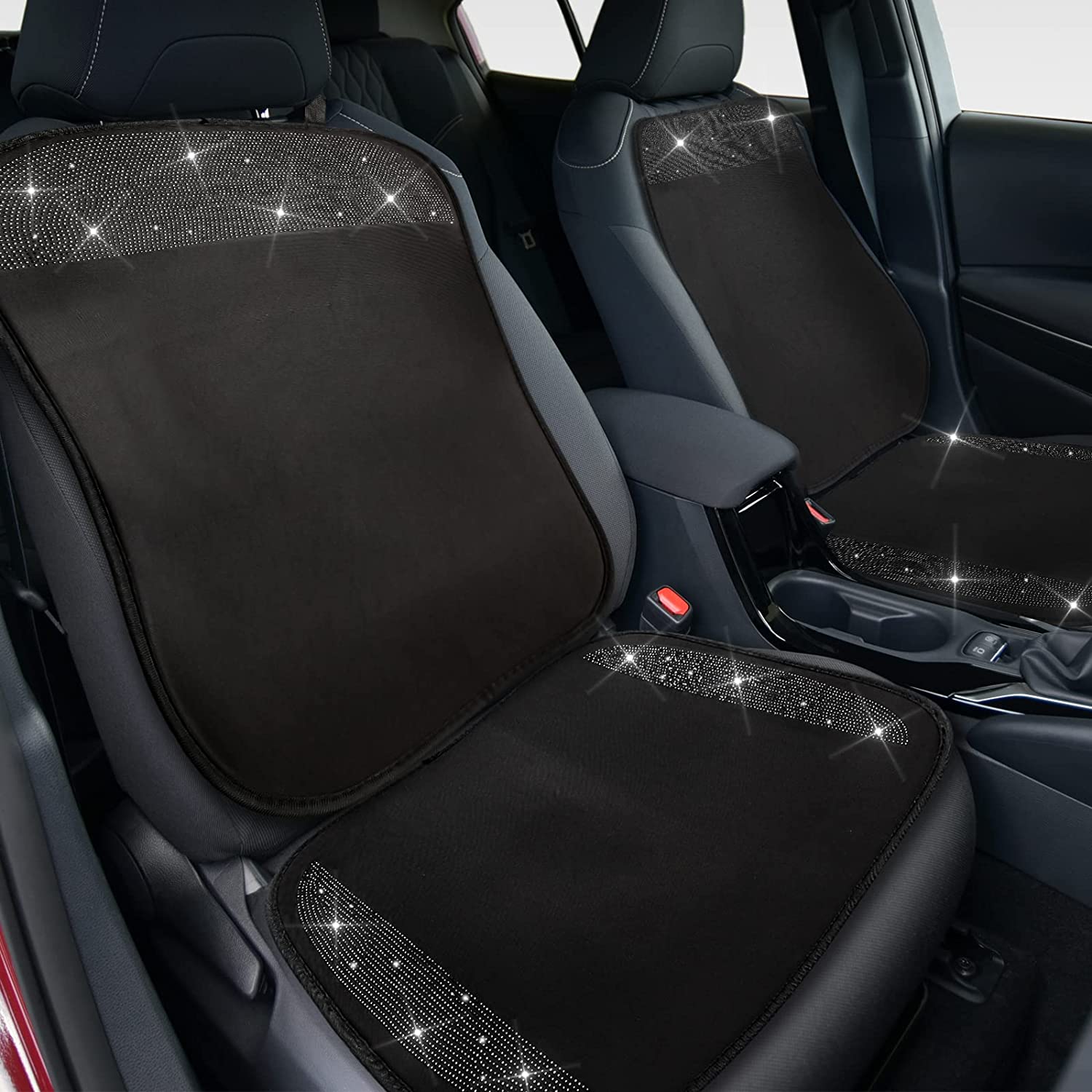 2 Pair Bling Car Seat Covers for Women Girls Rubber Black Front Seat Cover with Crystal Diamond Rhinestone Breathable Car Seat Protectors Fit Most Cars