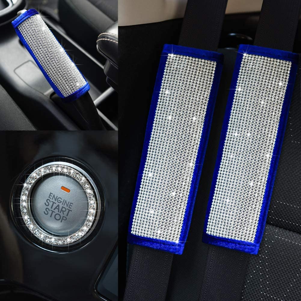 Soft Velvet Seat Belt Shoulder Pads with Bling Rhinestones Car Bling Seat Belt Covers for Women, Crystal Handbrake Cover, Bling Ring Set Bling Car Accessories 4 Pack Set Universal, Car Interior Accessories