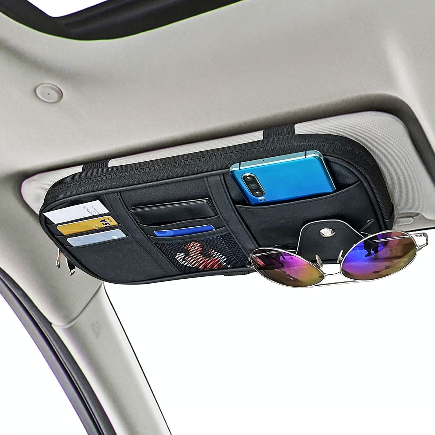 Car Sun Visor Organier Truck SUV Sun Visor Storage Pocket PU Leather Pouch Holder with Multi-Pocket Double Zipper Net Pocket, for Cards Pens Sunglasses Document Newest, Universal Fit for All Cars, Car Accessories