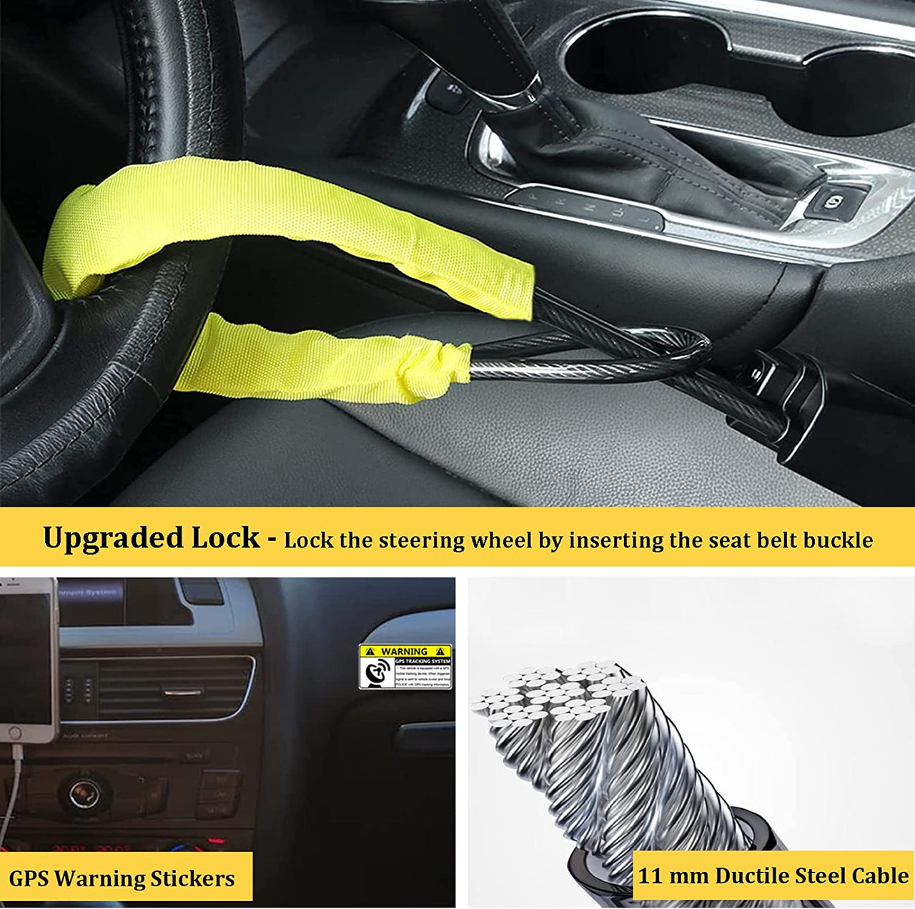 Car Steering Wheel Lock Seat Belt Lock with 4pcs GPS Tracking Sticker, Sturdy Car Security Anti Theft Car Device, Steering Wheel Lock Anti-Theft Device + 2 Keys Universal Fit Truck/SUV/Van