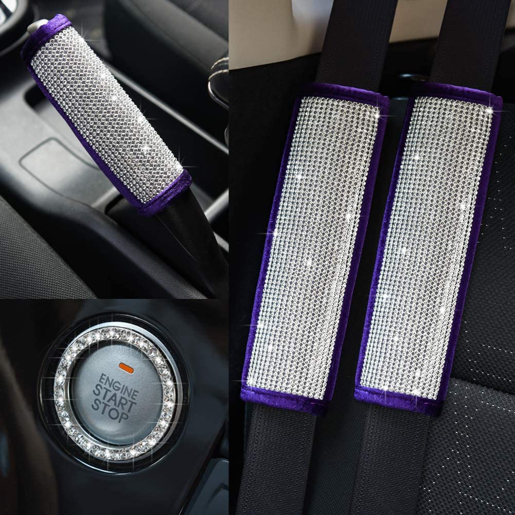 Soft Velvet Seat Belt Shoulder Pads with Bling Rhinestones Car Bling Seat Belt Covers for Women, Crystal Handbrake Cover, Bling Ring Set Bling Car Accessories 4 Pack Set Universal, Car Interior Accessories