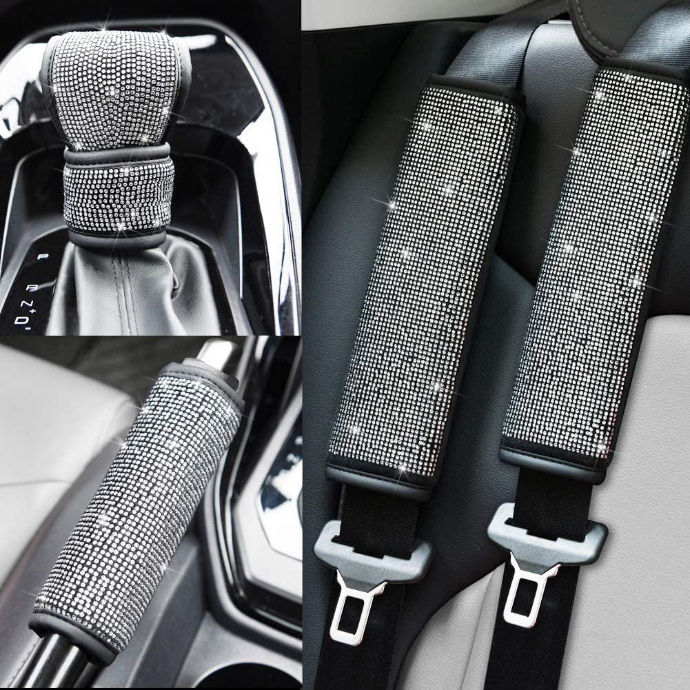 Soft Velvet Seat Belt Shoulder Pads with Bling Rhinestones Car Bling Seat Belt Covers for Women, Crystal Handbrake Cover, Bling Ring Set Bling Car Accessories 4 Pack Set Universal, Car Interior Accessories
