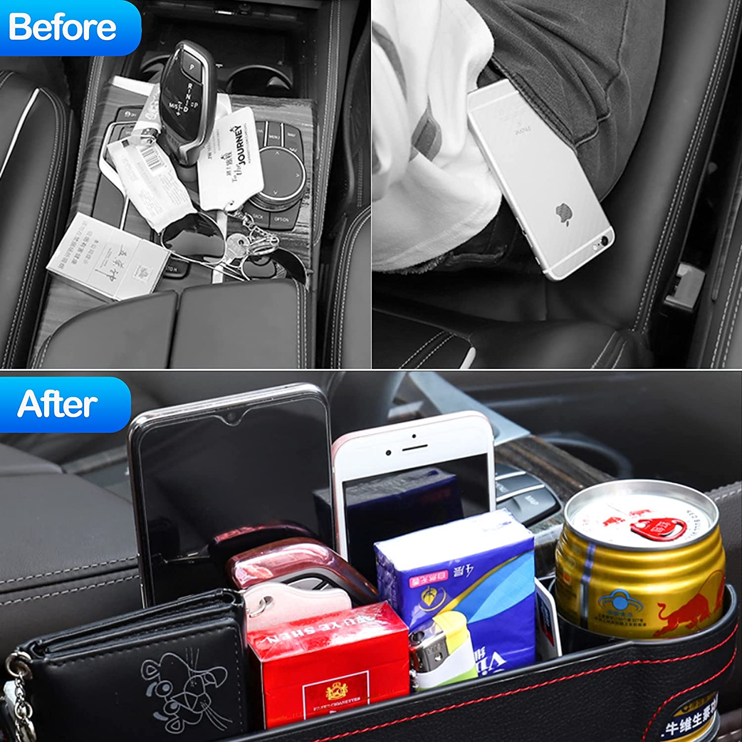 Car Seat Gap Filler, Compatible with All Cars, Console Side Pocket, Car Seat Pocket Organizer Catcher Caddy for CellPhones Wallet Coin with Cup Holder Beige