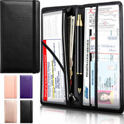 Car Registration and Insurance Holder with Inner Expandable Zipper Pouch, PU Car Document Holder, Elastic Closure Glove Box Document Holder for License, Car card and Essential Auto Documents, Compatible with All Cars