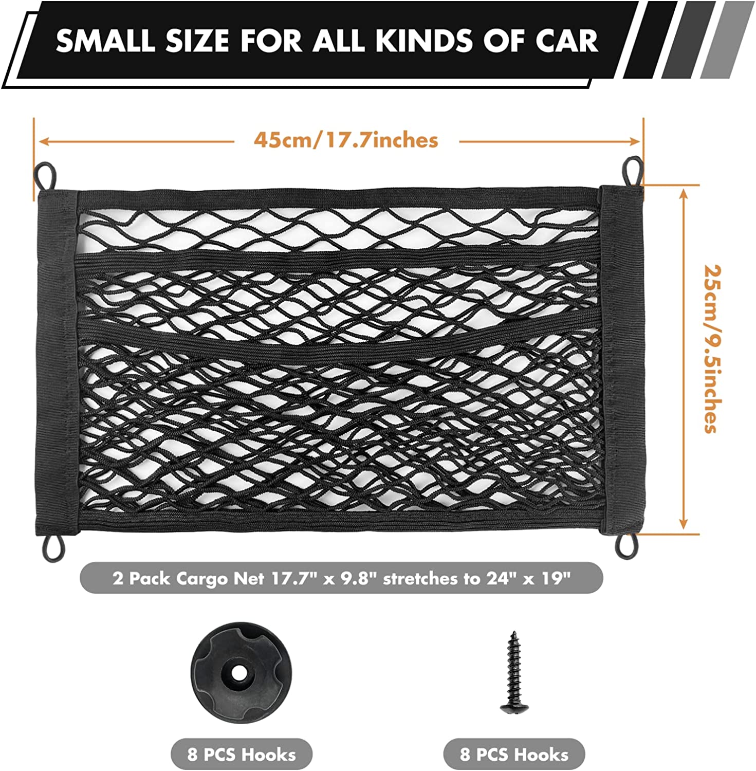 Cargo Net, Compatible with All Cars, 2 Pack Universal Mesh Cargo Net for Car Storage, Car-Net Pocket Storage Stretchable Mesh Pocket Net Wall Sticker Organizer Pouch Bag Storage Mesh Net for Car, Trunk, RV, Boats, Home