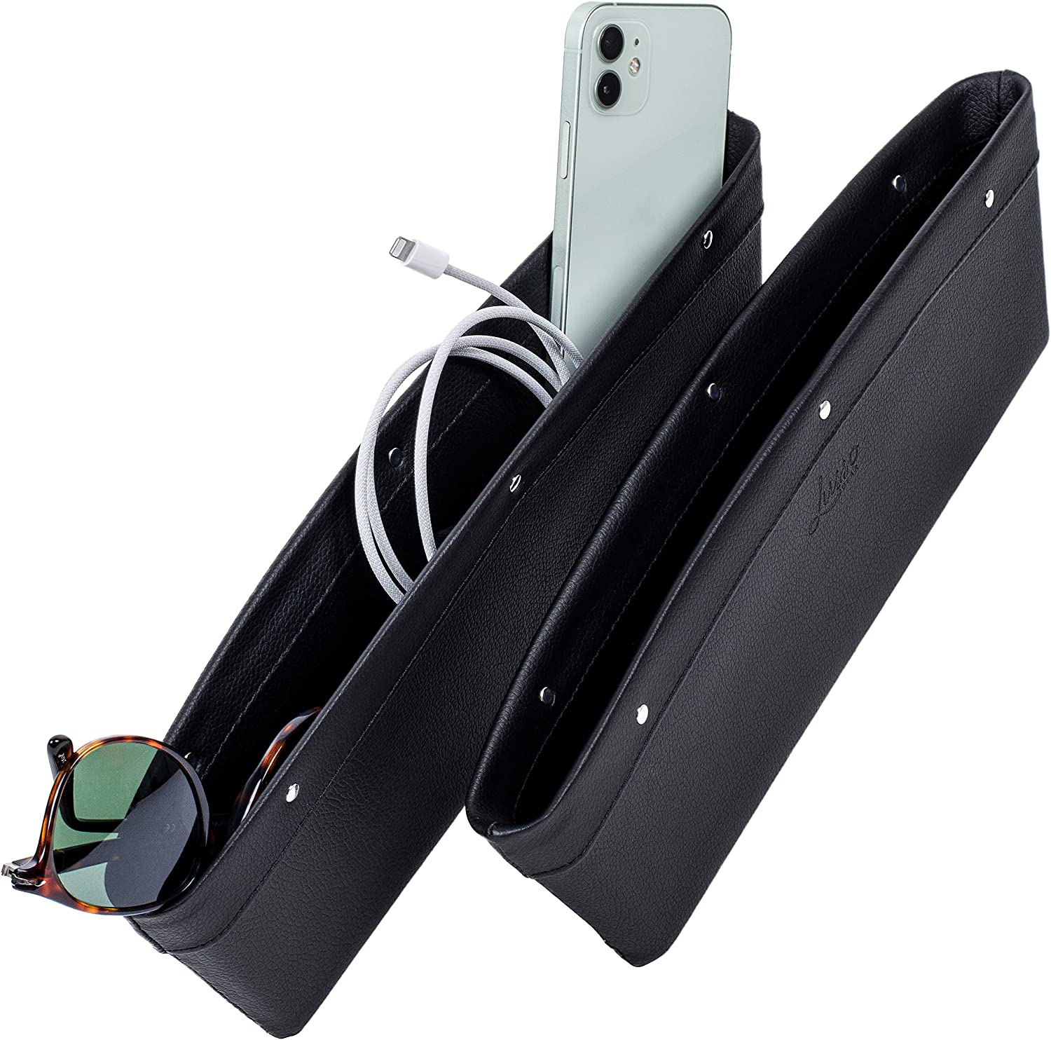Car Seat Gap Organizer 2 Pack, Compatible with All Cars, Vegan Leather Car Seat Gap Filler Organizer with Universal Fit, Adjustable Gap Filler for Car for iPhone, Android, Glasses, Keys, and More