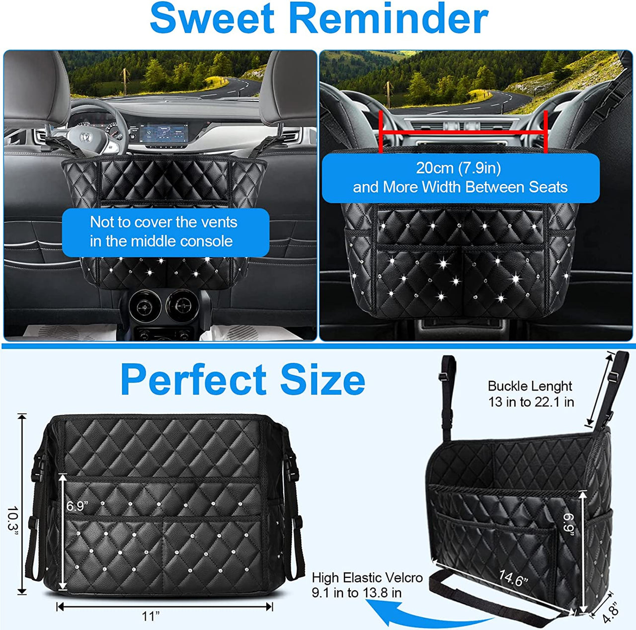 Purse Holder for Cars,Car Purse Handbag Holder Between Seat,PU Leather Car Purse Holder with 7 Extra Pocket,Large Capacity Car Net Bag Organizer Barrier of Back Seat Dog Kids Seat Storage With Diamond, Compatible with All Cars