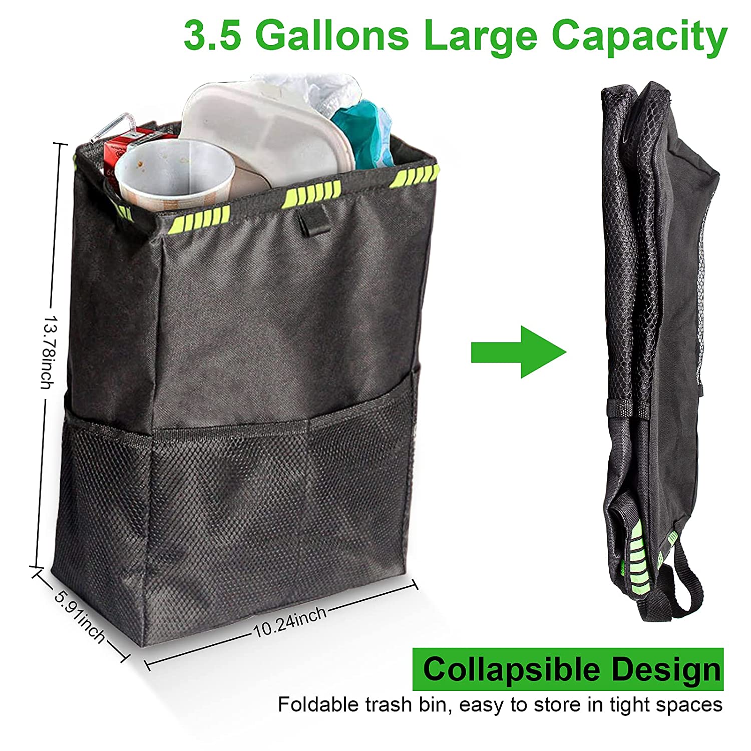 Car Trash Can, Leak Proof Car Trash Bag, 3.5 Gallons Adjustable Hanging Car Garbage Bag, Waterproof Car Trash Bin with Storage and Organizer, Collapsible Car Interior Garbage Can for All Cars