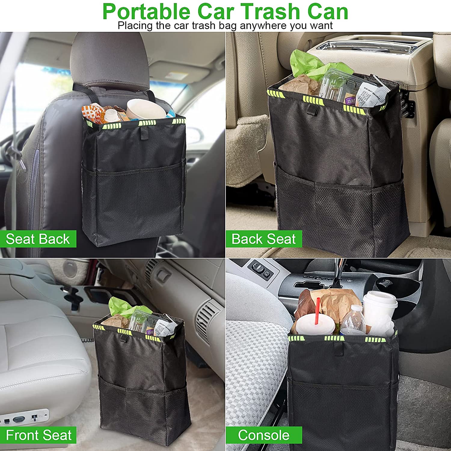 Car Trash Can, Leak Proof Car Trash Bag, 3.5 Gallons Adjustable Hanging Car Garbage Bag, Waterproof Car Trash Bin with Storage and Organizer, Collapsible Car Interior Garbage Can for All Cars