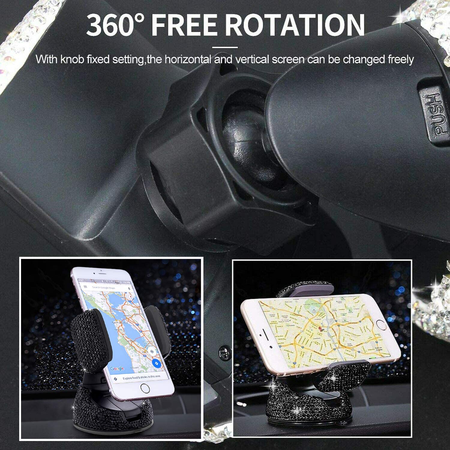 Bling Car Phone Holder, 360°Adjustable Crystal Auto Phone Mount Universal Rhinestone Car Stand Phone Holder Car Accessories for Windshield Dashboard and Air Outlet