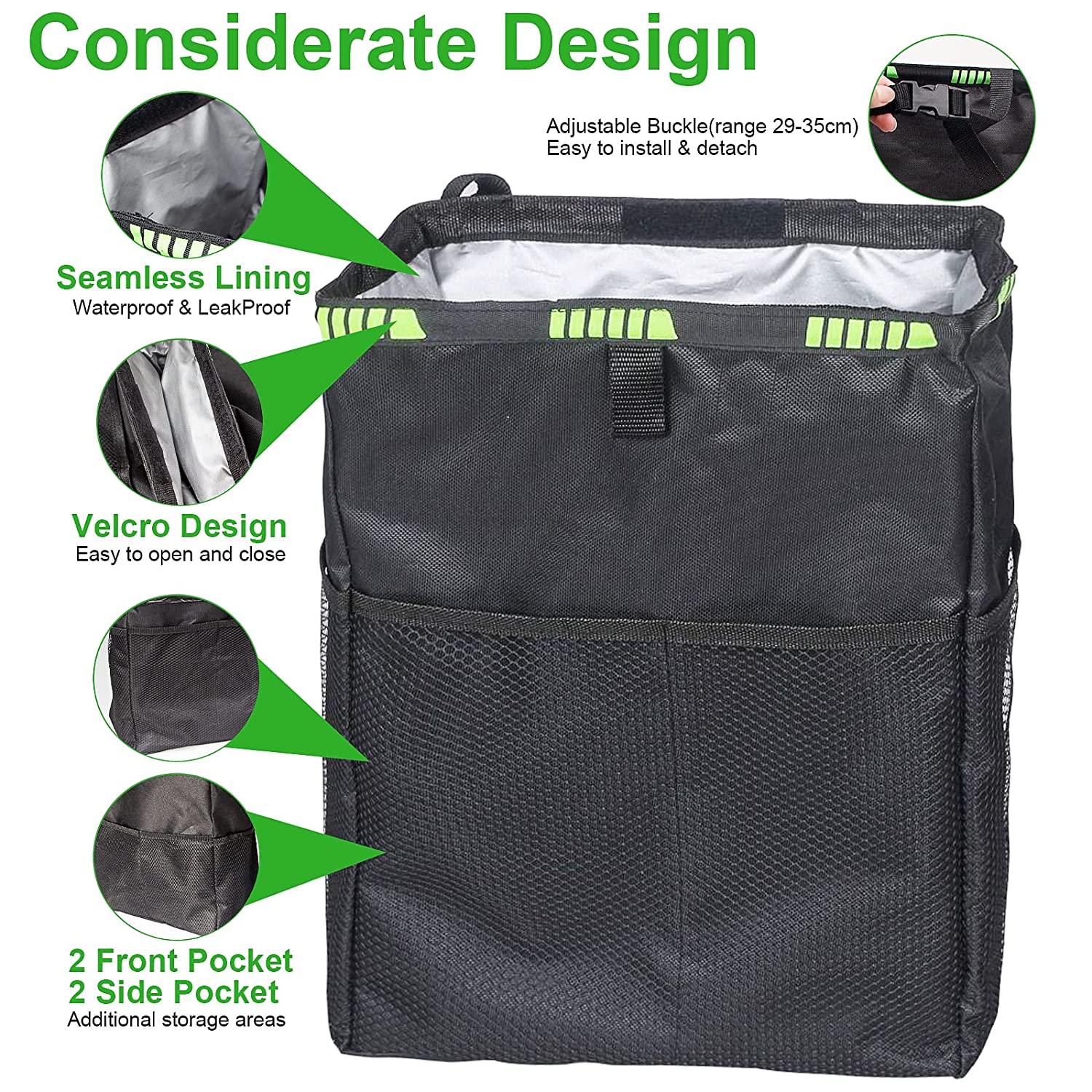 Car Trash Can, Leak Proof Car Trash Bag, 3.5 Gallons Adjustable Hanging Car Garbage Bag, Waterproof Car Trash Bin with Storage and Organizer, Collapsible Car Interior Garbage Can for All Cars