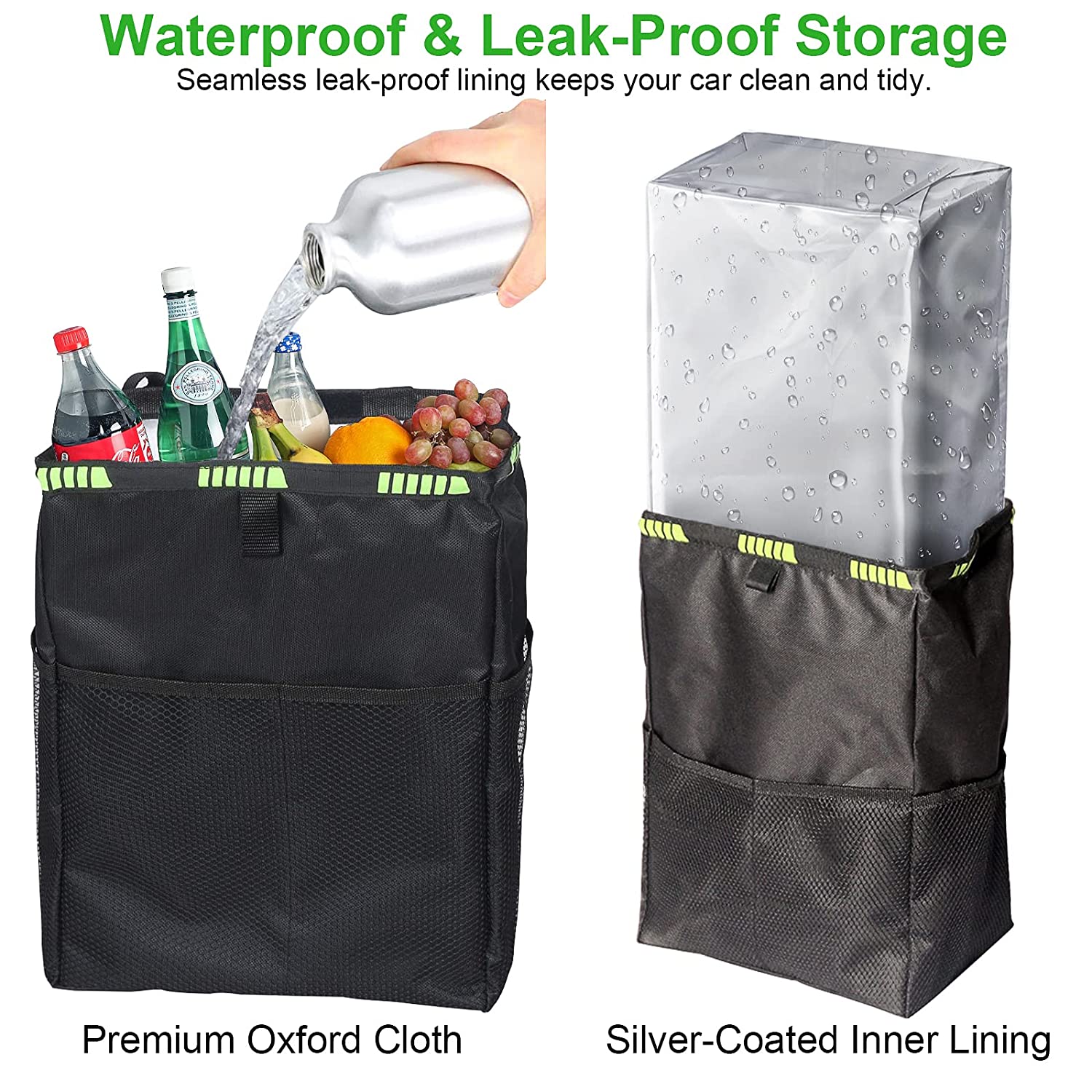 Car Trash Can, Leak Proof Car Trash Bag, 3.5 Gallons Adjustable Hanging Car Garbage Bag, Waterproof Car Trash Bin with Storage and Organizer, Collapsible Car Interior Garbage Can for All Cars