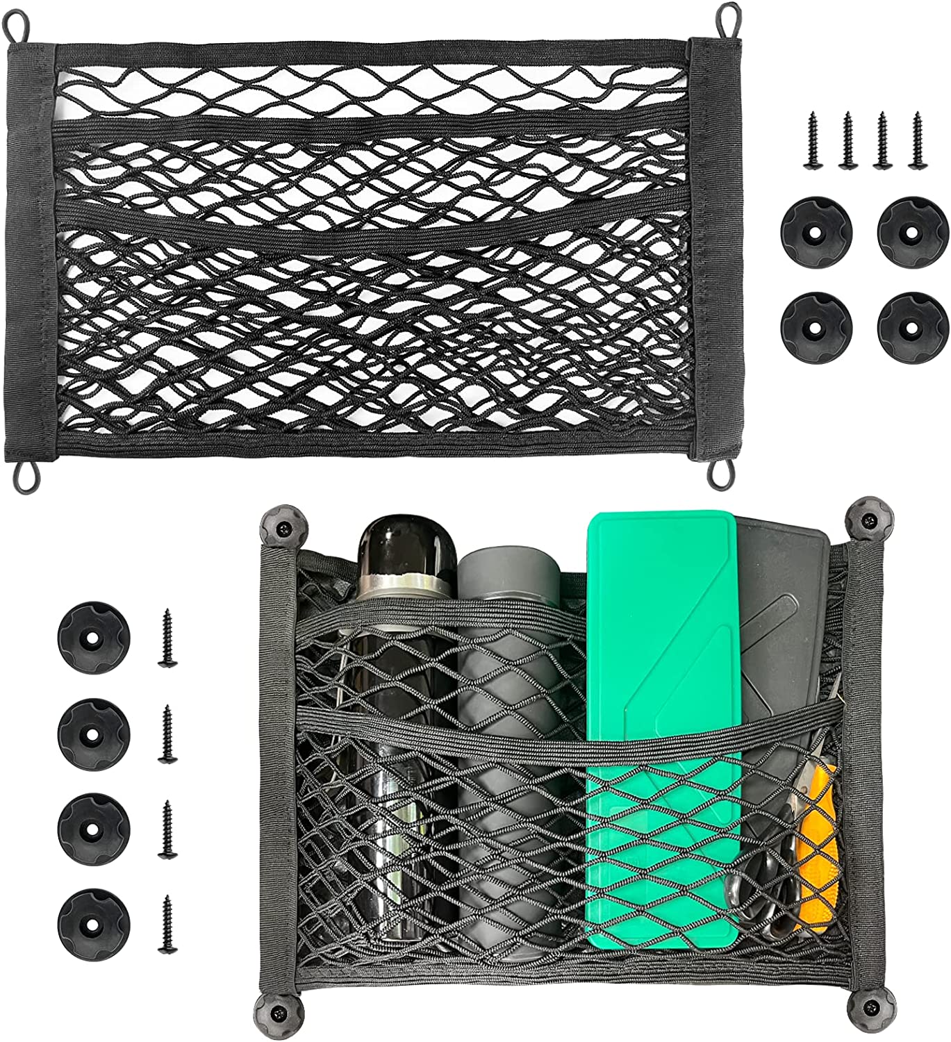 Cargo Net, Compatible with All Cars, 2 Pack Universal Mesh Cargo Net for Car Storage, Car-Net Pocket Storage Stretchable Mesh Pocket Net Wall Sticker Organizer Pouch Bag Storage Mesh Net for Car, Trunk, RV, Boats, Home