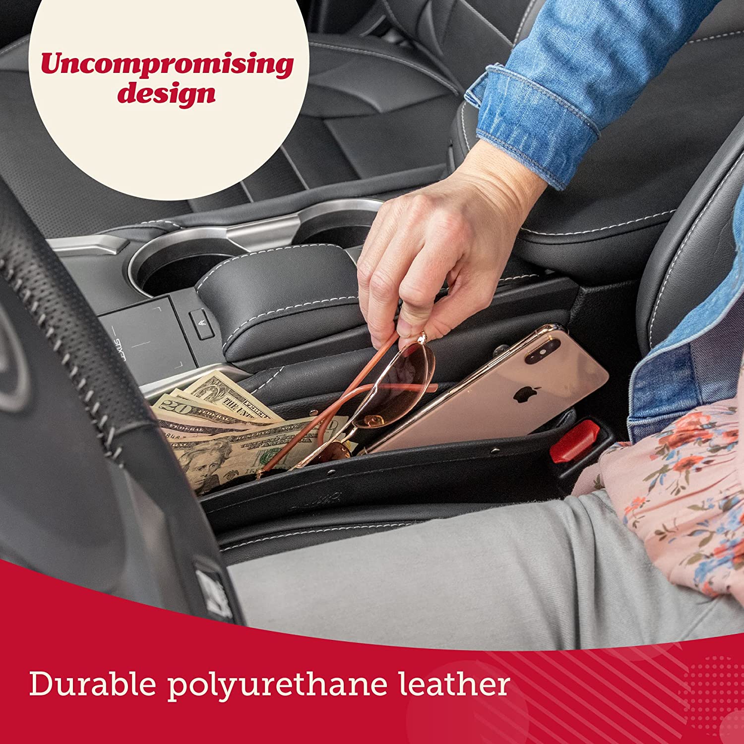 Car Seat Gap Organizer 2 Pack, Compatible with All Cars, Vegan Leather Car Seat Gap Filler Organizer with Universal Fit, Adjustable Gap Filler for Car for iPhone, Android, Glasses, Keys, and More