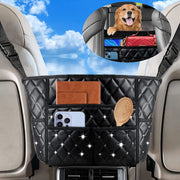 Purse Holder for Cars,Car Purse Handbag Holder Between Seat,PU Leather Car Purse Holder with 7 Extra Pocket,Large Capacity Car Net Bag Organizer Barrier of Back Seat Dog Kids Seat Storage With Diamond, Compatible with All Cars