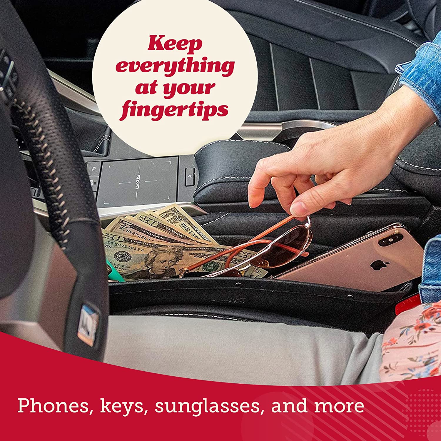Car Seat Gap Organizer 2 Pack, Compatible with All Cars, Vegan Leather Car Seat Gap Filler Organizer with Universal Fit, Adjustable Gap Filler for Car for iPhone, Android, Glasses, Keys, and More