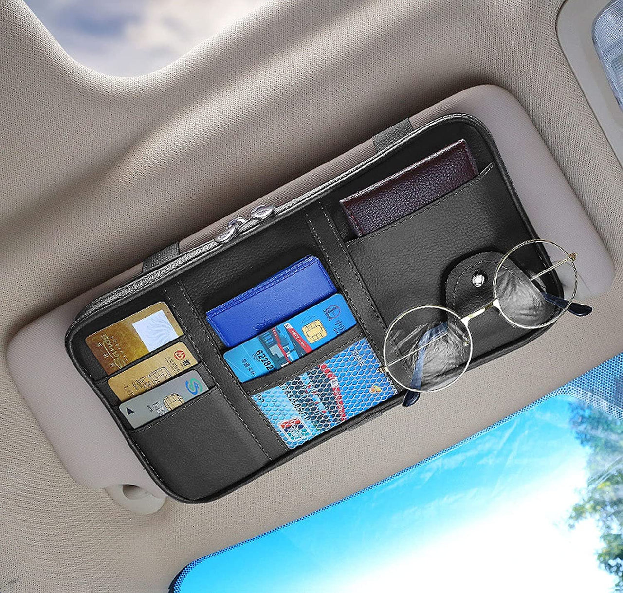 Car Sun Visor Organier Truck SUV Sun Visor Storage Pocket PU Leather Pouch Holder with Multi-Pocket Double Zipper Net Pocket, for Cards Pens Sunglasses Document Newest, Universal Fit for All Cars, Car Accessories