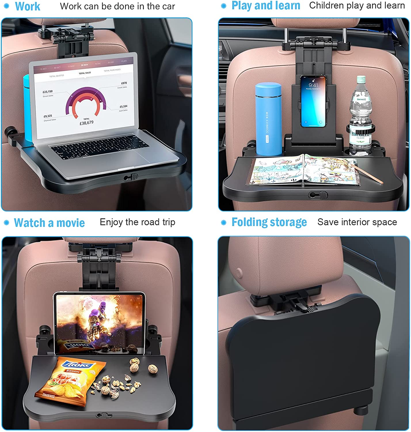 Car Backseat Tray Table, Foldable Tray Seat Back Laptop Desk for Car Travel, Multifunctional Car Back Seat Food Tray, Car Table with Phone Holder, for Working, Writing, Eating, Traveling