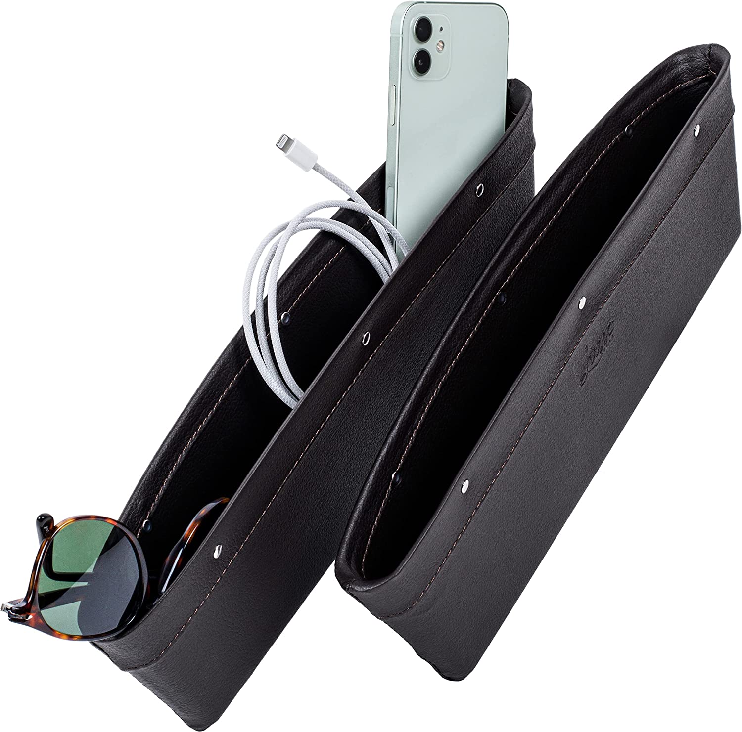 Car Seat Gap Organizer 2 Pack, Compatible with All Cars, Vegan Leather Car Seat Gap Filler Organizer with Universal Fit, Adjustable Gap Filler for Car for iPhone, Android, Glasses, Keys, and More