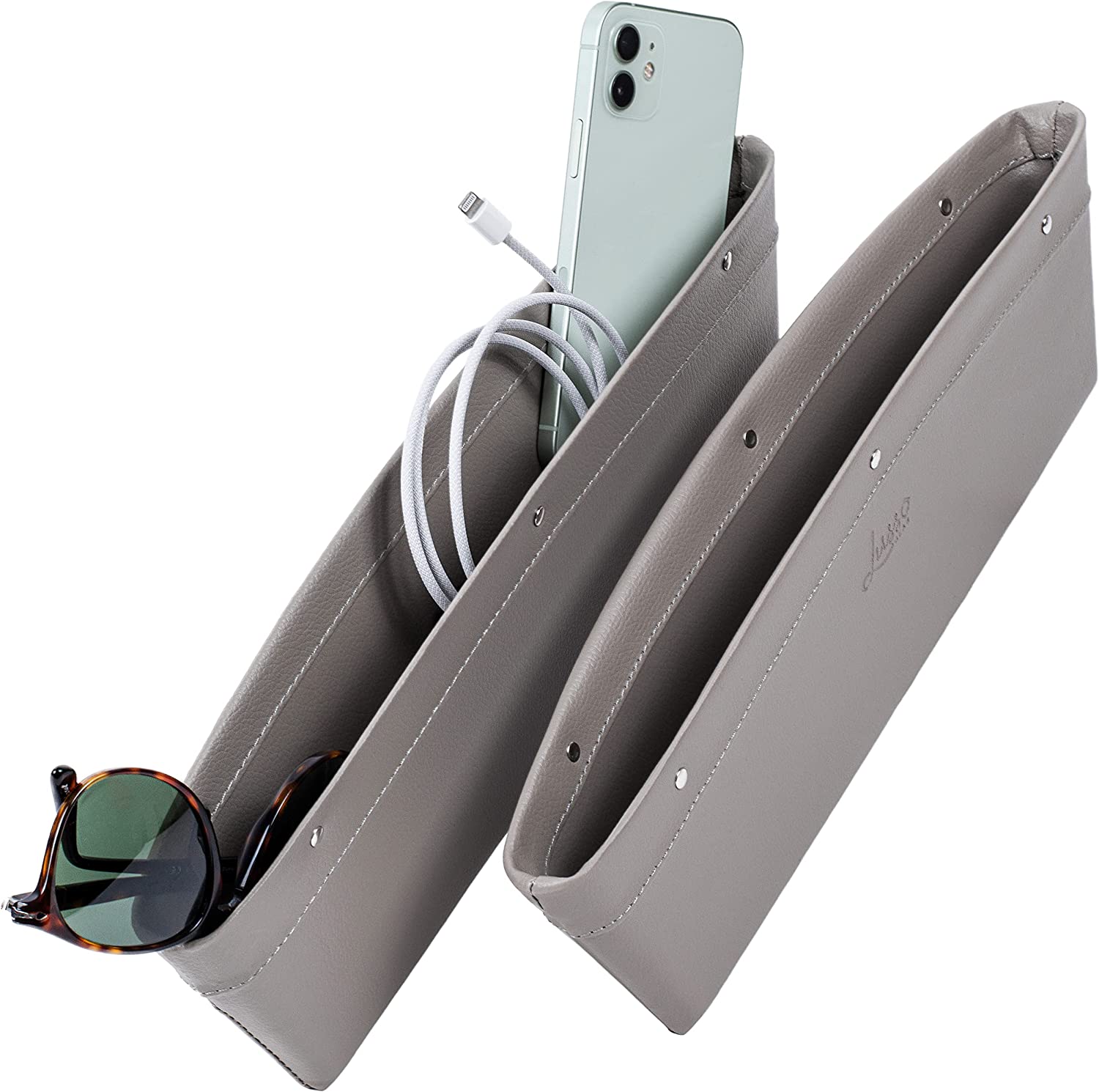 Car Seat Gap Organizer 2 Pack, Compatible with All Cars, Vegan Leather Car Seat Gap Filler Organizer with Universal Fit, Adjustable Gap Filler for Car for iPhone, Android, Glasses, Keys, and More